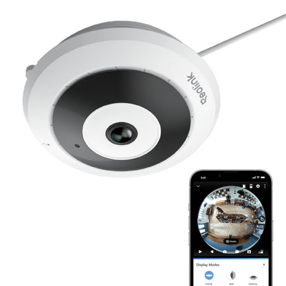 Reolink FE-W 6MP WLAN Fisheye Überwachungskamera Innen. Weiße kuppelförmige Kamera für 360-Grad-Raumüberwachung per WLAN.