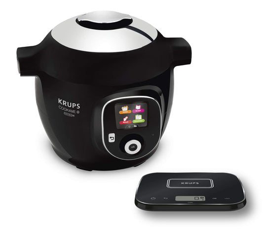 Krups Cook4Me+ Grameez CZ8568 Multikocher. Schwarz-graues, zylindrisches Gerät zum vielseitigen Garen unter Druck oder Dampf.