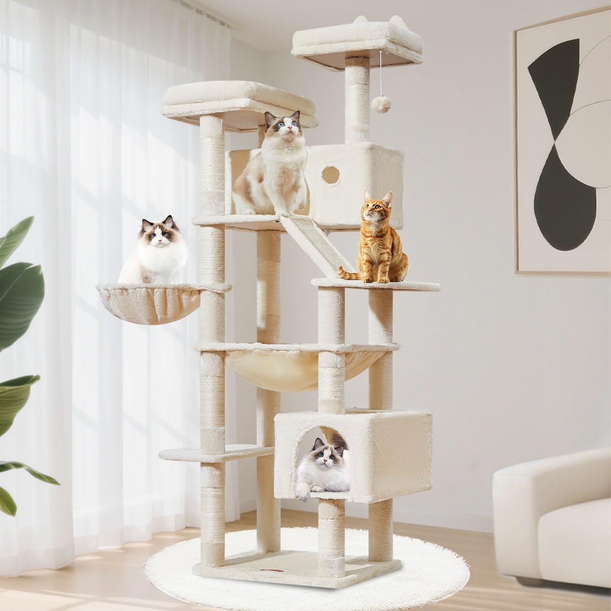 Taoqimiao Kratzbaum MS026LM 180 cm für grosse Katzen, beige mit zwei Katzenhäusern und Hängematte