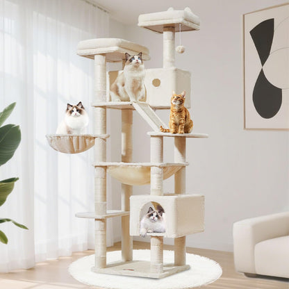 Taoqimiao Kratzbaum MS026LM 180 cm für grosse Katzen, beige mit zwei Katzenhäusern und Hängematte