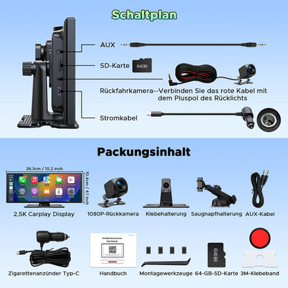 LAMTTO CarPlay Android Auto Display 10.25 Zoll + 2.5K Dashcam