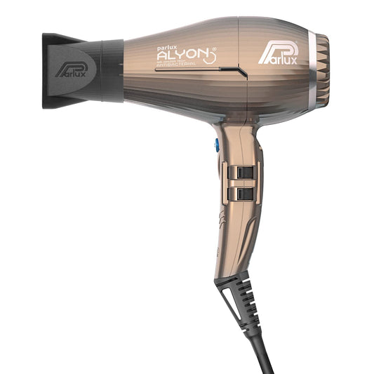 Parlux Alyon Ionic Haartrockner Bronze. Bronzefarbener, kompakter Föhn. Trocknet und stylt Haare durch Ionen-Technologie, reduziert statische Aufladung.
