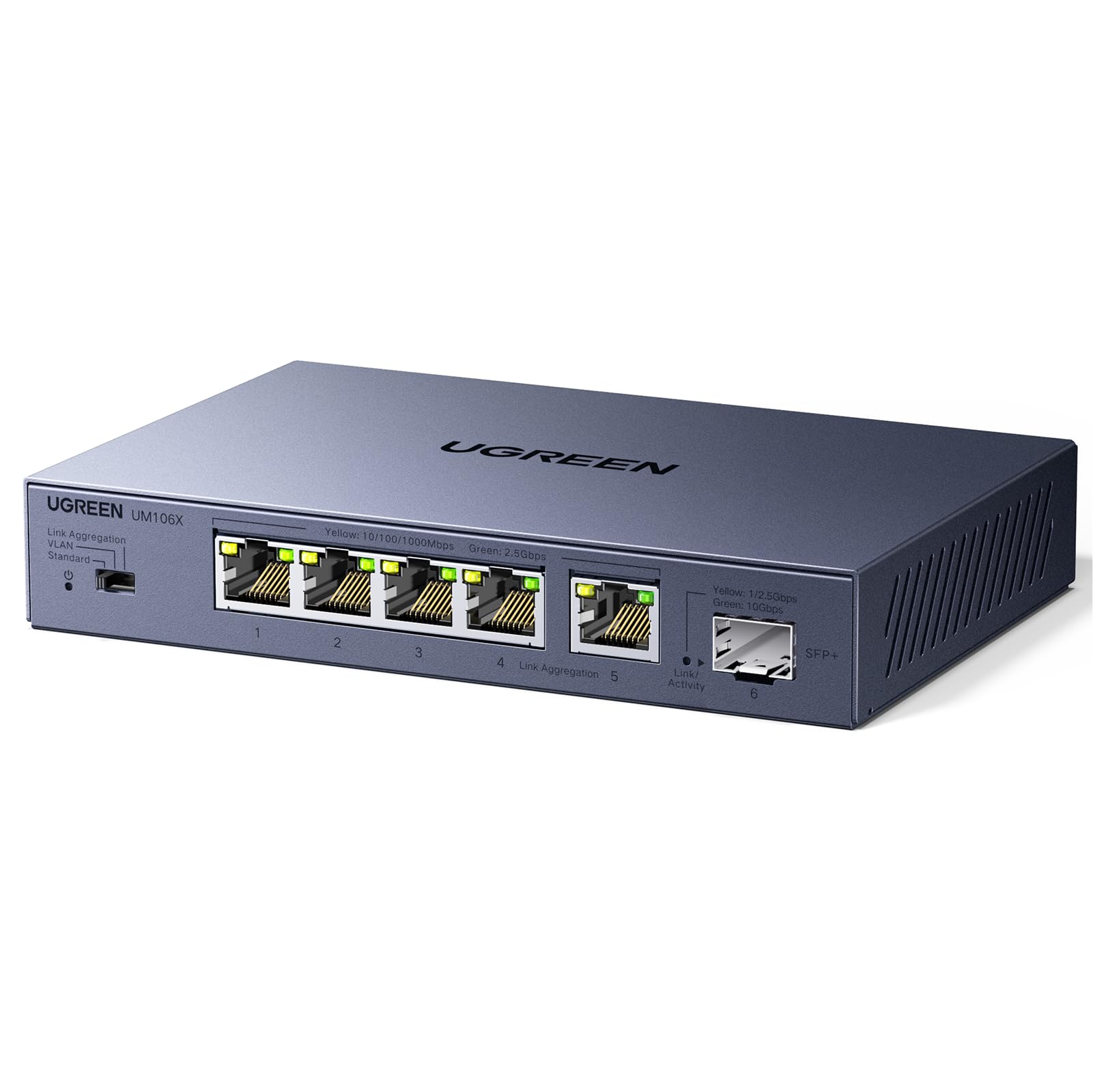 UGREEN 2.5G LAN Switch 5-Port mit 10G SFP+, Unmanaged, Metallgehäuse – kompakter Netzwerk Switch für Tisch- und Wandmontage