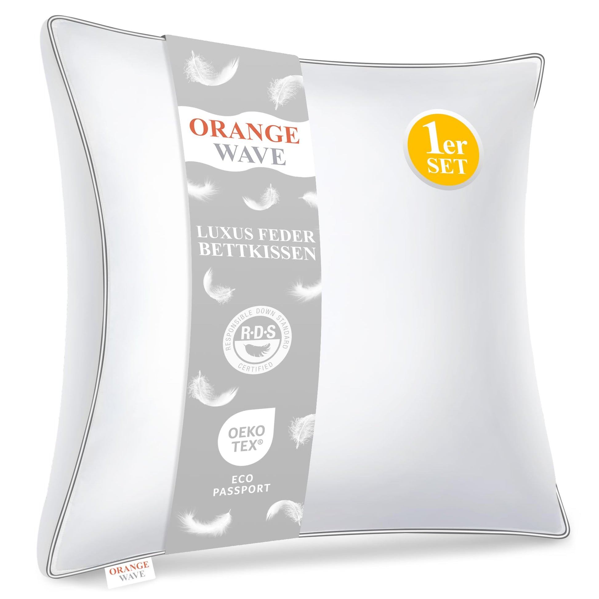 Orange Wave 3-Kammer Feder-Daunen-Kopfkissen 80x80 cm, weiß, quadratisch. Unterstützt Nacken und Kopf beim Schlafen.