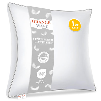 Orange Wave 3-Kammer Feder-Daunen-Kopfkissen 80x80 cm, weiß, quadratisch. Unterstützt Nacken und Kopf beim Schlafen.