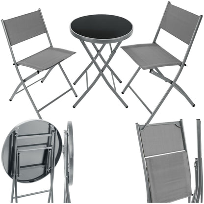 tectake Bistroset 3-teilig: Klapptisch rund und 2 Klappstühle, grau – wetterfest, für Balkon und Terrasse