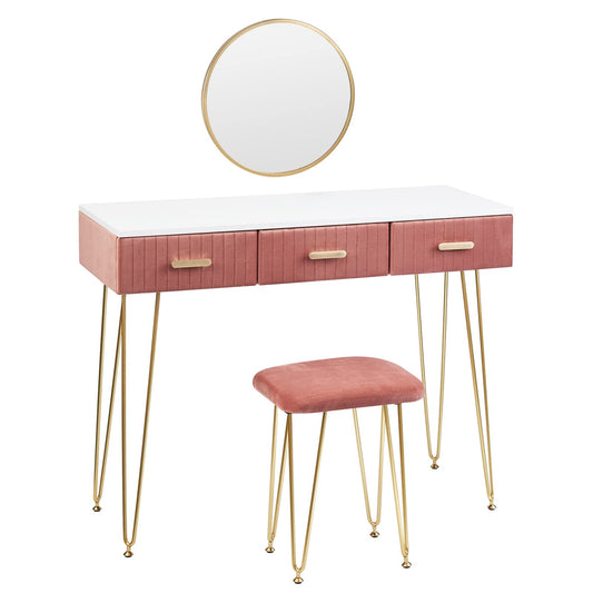 WOLTU Schminktisch mit Spiegel Hocker – Rosa Weiss MB6080rs. Rosa-weißes Set: Tisch mit Spiegel und Hocker, zur Kosmetikanwendung.