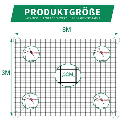 Tatamiyya Katzennetz für Balkon, drahtverstärkt, 8 x 3 m, schwarz