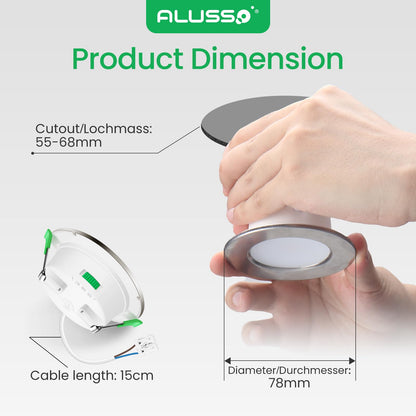 ALUSSO LED Einbaustrahler Dimmbar 68mm IP44 - 12er Set