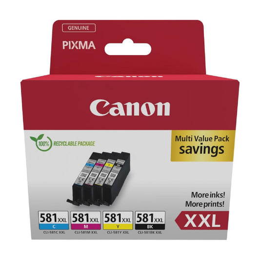 Canon CLI-581 Tintenpatronen Original XXL - 4er-Pack: rechteckige CMYK-Tintenpatronen zum Drucken von Farbdokumenten und Fotos.