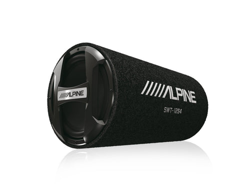 ALPINE SWT-12S4 Bassreflex Subwoofer 30cm 4 Ohm. Schwarzer zylindrischer Bassreflex-Subwoofer zur Wiedergabe tiefer Frequenzen im Fahrzeug.