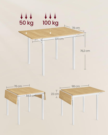 VASAGLE Esstisch KDT077Y01, klappbarer Küchentisch, natureiche-weiss