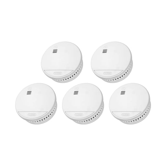 ABUS RWM90 Rauchmelder 5er Set Weiss – 5-Jahres-Batterie. Fünf runde, weiße Rauchmelder, die Rauch detektieren und vor Brandgefahr warnen.