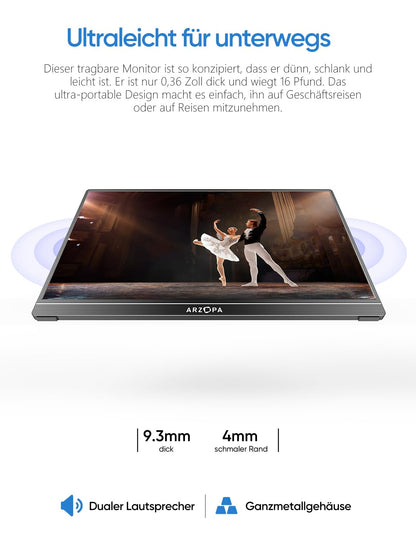 ARZOPA A1 Tragbarer Monitor - 15.6" FHD IPS USB C HDMI