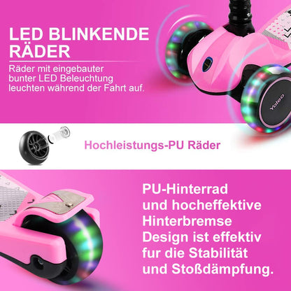 YOLEO Kinderroller Dreiradscooter, 4-fach höhenverstellbar, Rosa