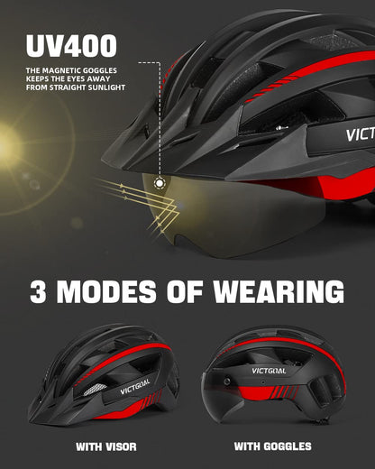 Victgoal MTB Fahrradhelm mit Magnetvisier und LED, schwarz-rot, L