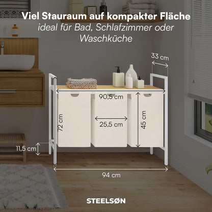 STEELSØN Rigil Wäschesammler – 3-Fach, Bambus Ablage Weiss