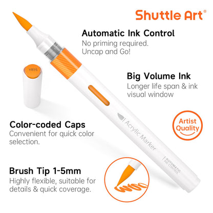 Shuttle Art Acrylstifte Set, 60 Farben, wasserfest, Pinselspitze