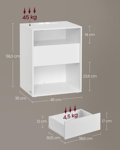 VASAGLE Nachttisch LET777W04 mit Ladefunktion und Schublade, mattweiss