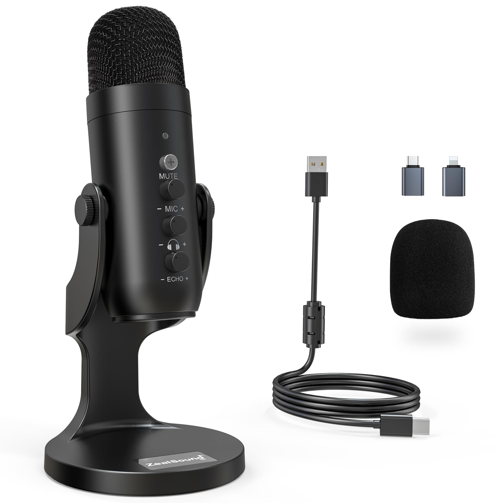 ZealSound K66 USB-Kondensatormikrofon mit Rauschunterdrückung, schwarz, mit Metallfuss als Tischmikrofon
