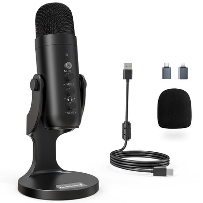 ZealSound K66 USB-Kondensatormikrofon mit Rauschunterdrückung, schwarz, mit Metallfuss als Tischmikrofon