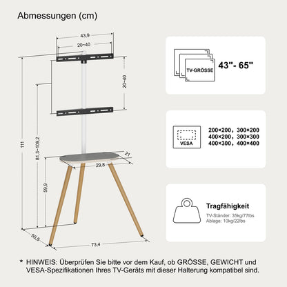 ECOTINY TV Staffelei Holz – 43-65 Zoll, Schwarze Walnuss