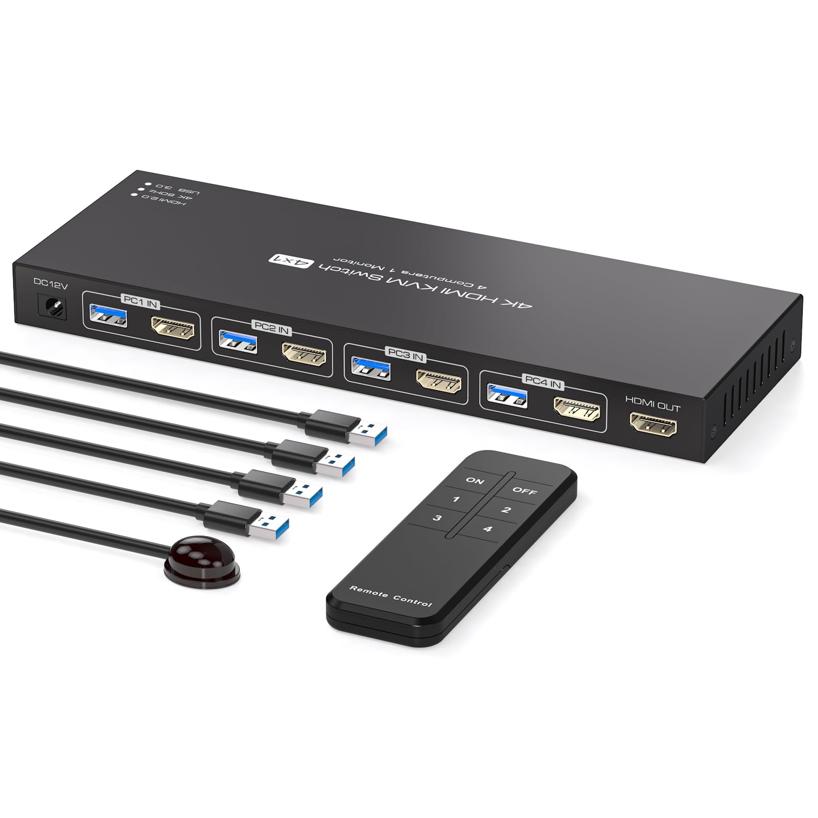 PVBCTCSID KVM Switch HDMI 4K60Hz - 4 PC, 1 Monitor: Kompakter, schwarzer KVM Switch. Steuert 4 PCs über einen Monitor/Tastatur/Maus in 4K60Hz.