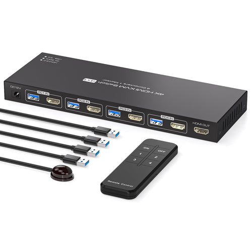 PVBCTCSID KVM Switch HDMI 4K60Hz - 4 PC, 1 Monitor: Kompakter, schwarzer KVM Switch. Steuert 4 PCs über einen Monitor/Tastatur/Maus in 4K60Hz.