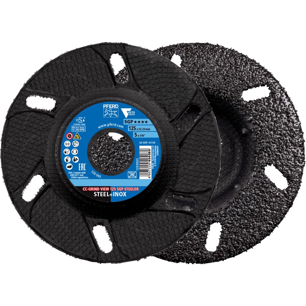 PFERD CC-GRIND VIEW Schleifscheiben SGP STEELOX 125mm (10er Pack). Transparente, runde Scheiben für Stahl- und Edelstahlbearbeitung.