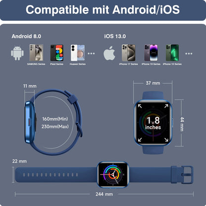Aeac Smartwatch mit Telefonfunktion, 1,85 Zoll HD-Display, IP68
