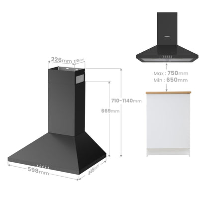 COMFEE' CHT 3.6A17B Dunstabzugshaube - 60cm Umluft/Abluft, Schwarz