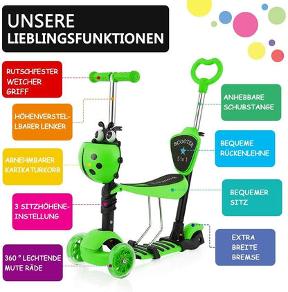 YOLEO 5-in-1 Kinderroller mit Sitz, Schubstange und Korb, grün