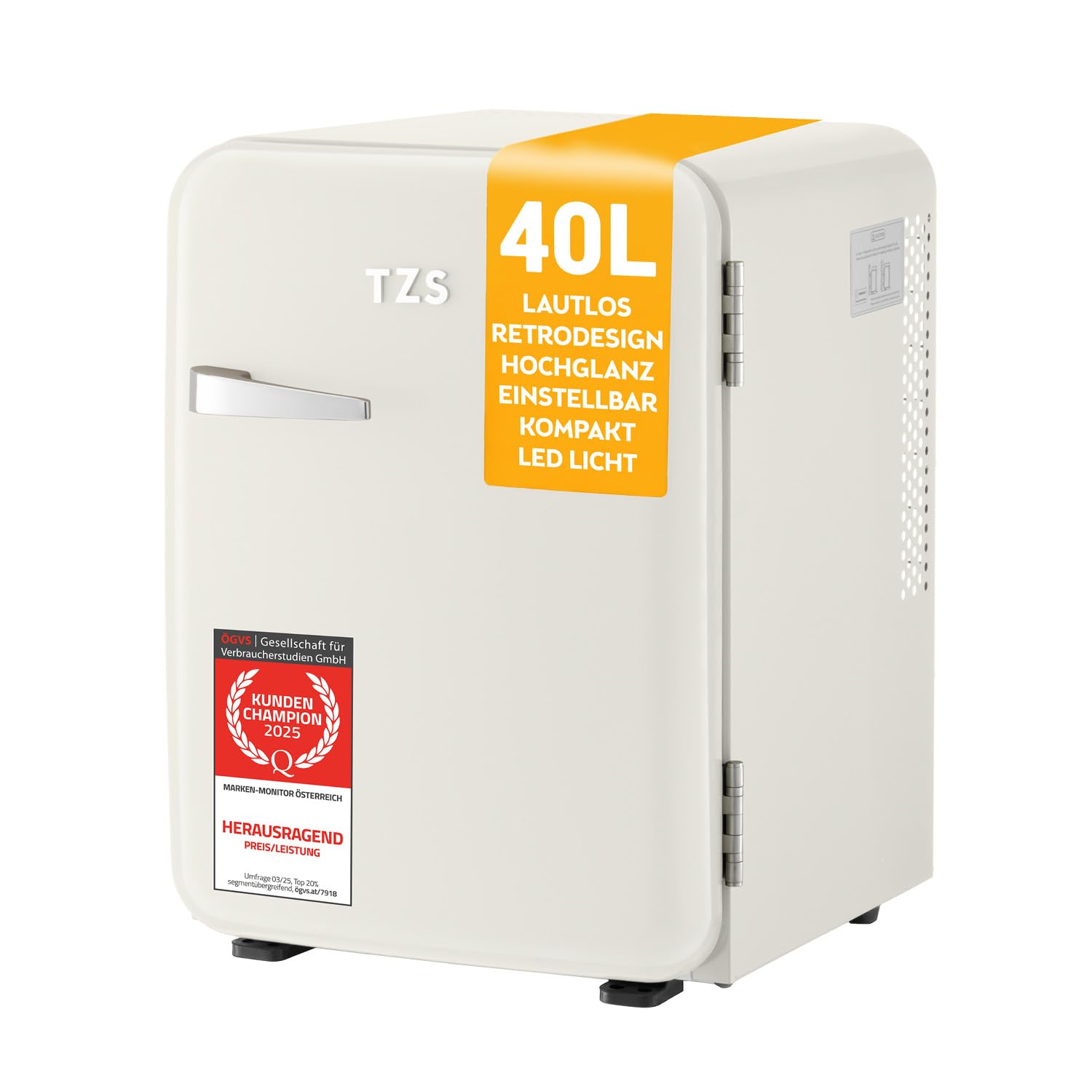 TZS First Austria Retro Mini-Kühlschrank 40 L lautlos cremefarben mit Metall-Türgriff und Innenbeleuchtung