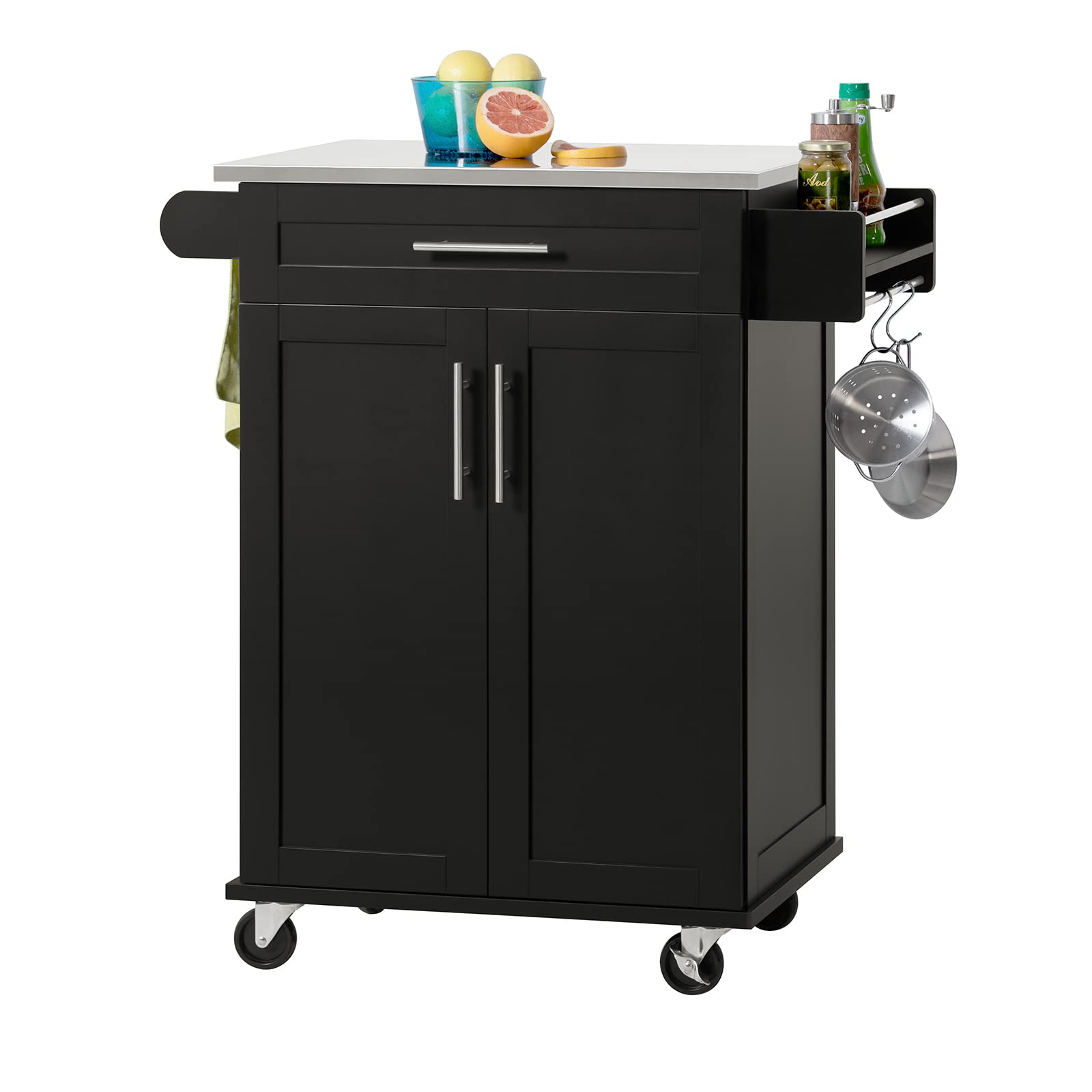 SoBuy FKW110-SCH Küchenwagen Schwarz. Schwarzer, rechteckiger Rollwagen. Dient als mobile Kücheninsel mit Arbeitsfläche und Stauraum.