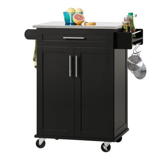SoBuy FKW110-SCH Küchenwagen Schwarz. Schwarzer, rechteckiger Rollwagen. Dient als mobile Kücheninsel mit Arbeitsfläche und Stauraum.
