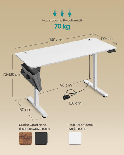 SONGMICS Elektrischer Höhenverstellbarer Schreibtisch 140x60cm weiss