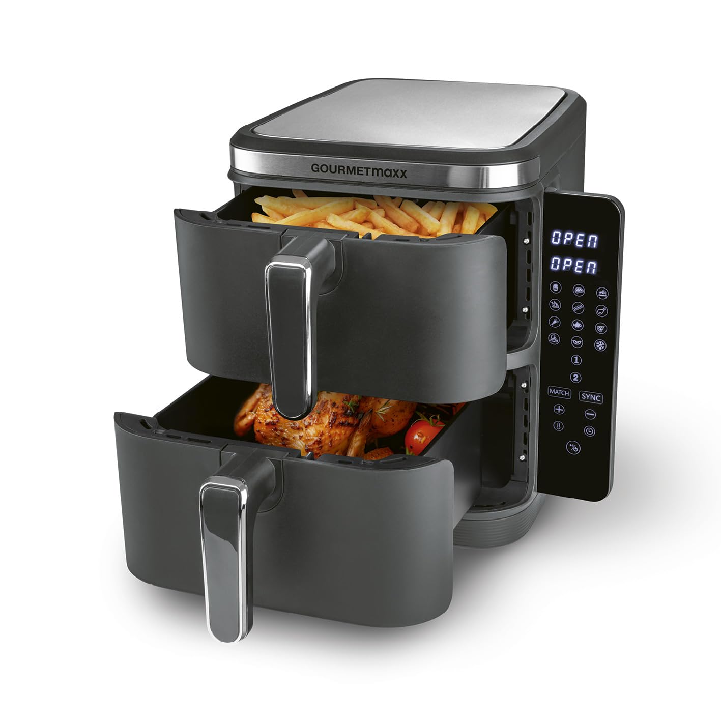 GOURMETmaxx FryUp Vertikaler Airfryer 2 Kammern 10L. Schwarze, säulenförmige Doppelkammer-Heißluftfritteuse zum fettarmen Frittieren.