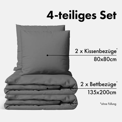 JACOBSON Bettwäsche Set 135x200 cm Perkal Baumwolle Anthrazit 4-teilig