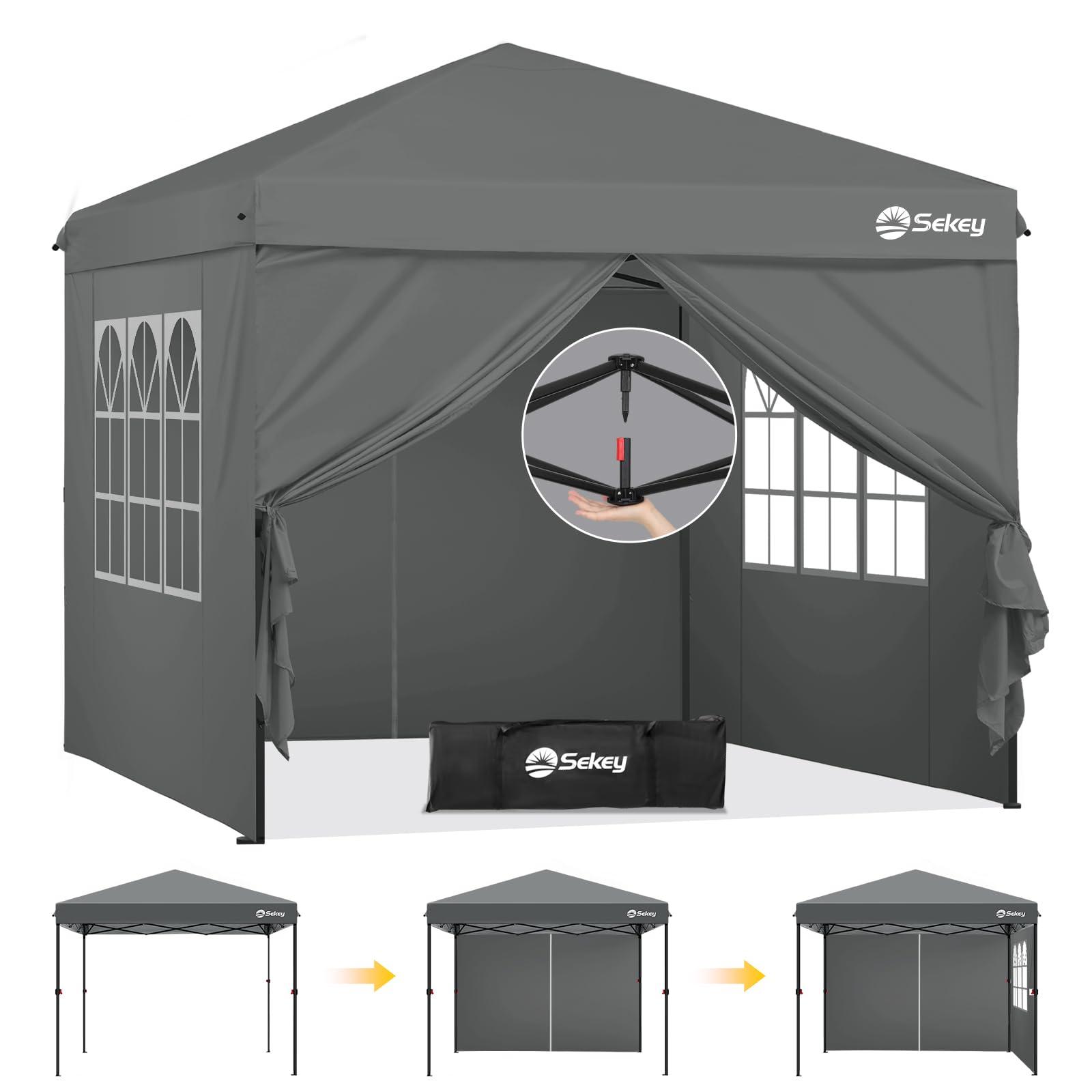 Sekey Premium Pop Up Pavillon 3x3 Faltpavillon - Grau. Grau, quadratisch. Schneller Sonnen- & Wetterschutz für Garten & Events.