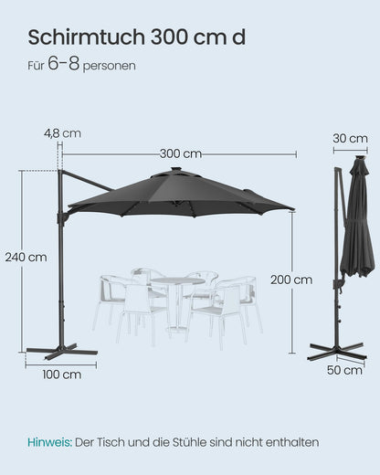 SONGMICS Ampelschirm 300 cm, Sonnenschirm mit Solar-LED, UPF 50+, grau