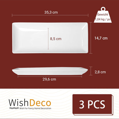 WishDeco Servierplatte 3er Set Porzellan, rechteckig, weiss, 35x15 cm