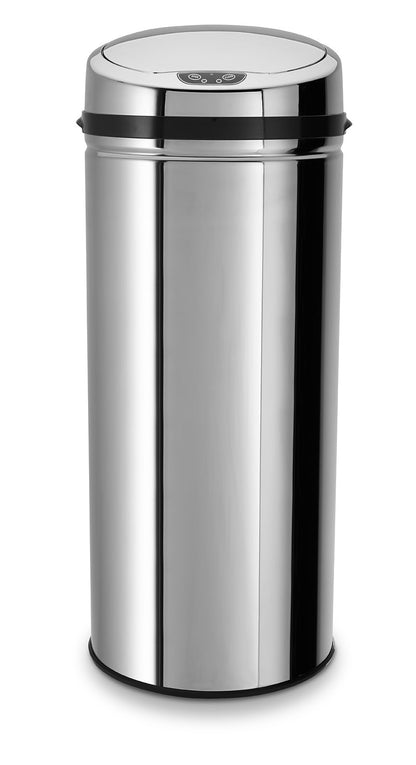 Echtwerk Edelstahl Sensor-Abfalleimer 42L - Touchless Infrarot. Zylindrischer Edelstahl-Behälter. Öffnet via Infrarot-Sensor zur Müllentsorgung.