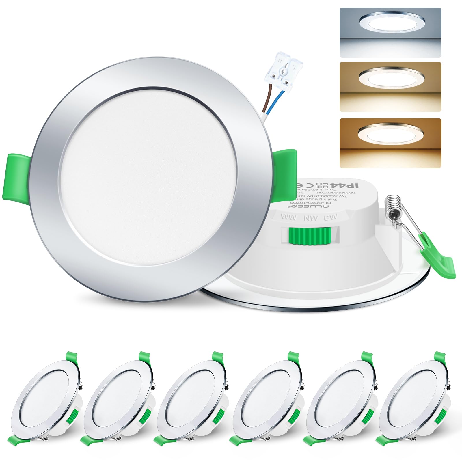 ALUSSO LED Einbaustrahler 230V dimmbar IP44, rund Chrom, 6er Set, flache Bauform für die Decke