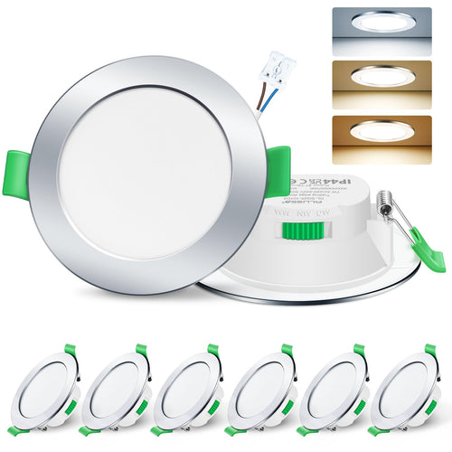 ALUSSO LED Einbaustrahler 230V dimmbar IP44, rund Chrom, 6er Set, flache Bauform für die Decke