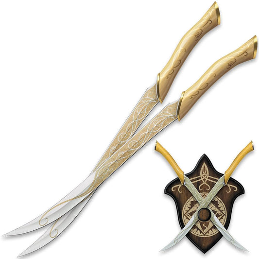 United Cutlery Herr der Ringe Legolas Kampfschwerter UC1372. Zwei weiße, geschwungene Klingen mit verzierten Griffen. Für Kampf/Display.