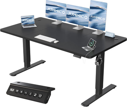 JUMMICO Elektrischer Schreibtisch höhenverstellbar 160x70cm Schwarz USB. Schwarze Platte elektrisch höhenverstellbar, für Ergonomie, mit Ladefunktion.