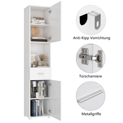 FOREHILL Hochschrank Bad schmal 180cm 2 Türen 1 Schublade – Weiss