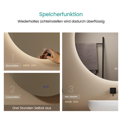 EMKE Runder Badspiegel 80cm Beleuchtet Dimmbar Touch 3 Farben