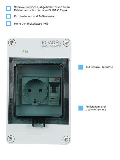 RoadEu Schuko Wandverteiler FI Schutzschalter IP65 – 16A 230V
