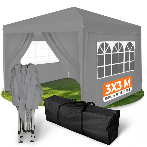 Kronenburg Faltpavillon 3 x 3 m, wasserdicht, UV-Schutz 50+, Grau mit Stahlgestell und 4 Seitenteilen